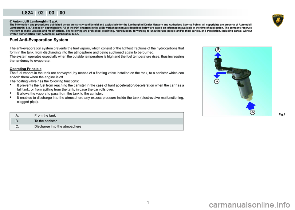 LAMBORGHINI MURCIÉLAGO 2009  Service Repair Manual  1 
L824    02    03    00
A
B
C
Fig.1
® Automobili Lamborghini S.p.A.�7�K�H��L�Q�I�R�U�P�D�W�L�R�Q��D�Q�G��S�U�R�F�H�G�X�U�H�V��S�X�E�O�L�V�K�H�G��E�H�O�R�Z��D�U�H��V�W�U�L�F�W�O�\��F�R�Q�¿