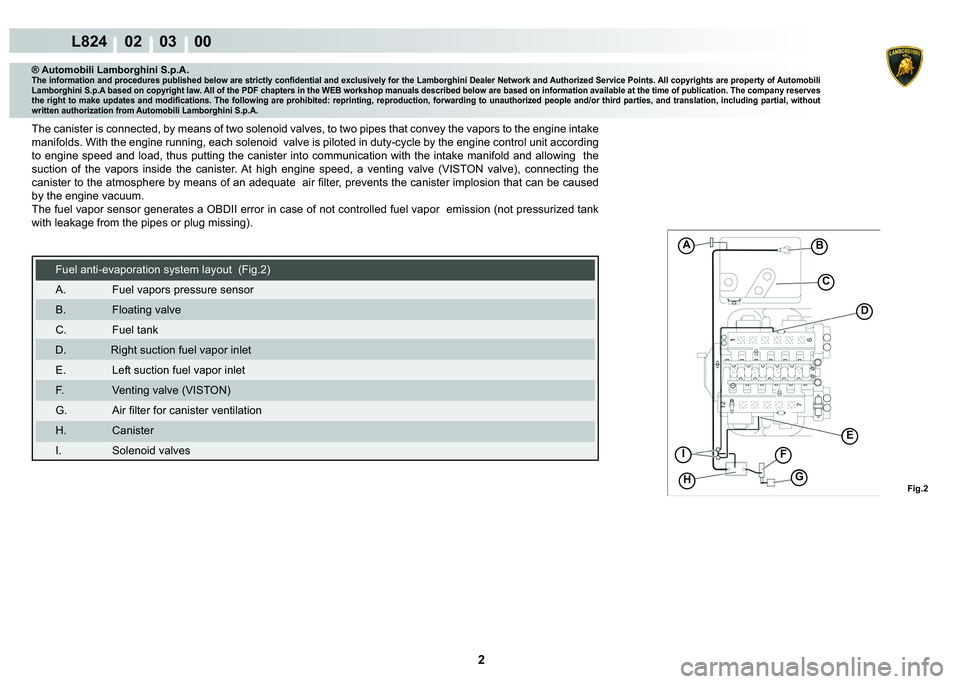 LAMBORGHINI MURCIÉLAGO 2009  Service Repair Manual 2
L824    02    03    00
A
Fig.2
B
C
�
�(
F
G
I
H
® Automobili Lamborghini S.p.A.�7�K�H��L�Q�I�R�U�P�D�W�L�R�Q��D�Q�G��S�U�R�F�H�G�X�U�H�V��S�X�E�O�L�V�K�H�G��E�H�O�R�Z��D�U�H��V�W�U�L�F�W�O�