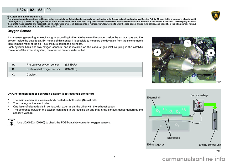 LAMBORGHINI MURCIÉLAGO 2009  Service Repair Manual  1 
L824    02    53    00
Fig.1
B
C
A
Fig.2
® Automobili Lamborghini S.p.A.�7�K�H��L�Q�I�R�U�P�D�W�L�R�Q��D�Q�G��S�U�R�F�H�G�X�U�H�V��S�X�E�O�L�V�K�H�G��E�H�O�R�Z��D�U�H��V�W�U�L�F�W�O�\��F�