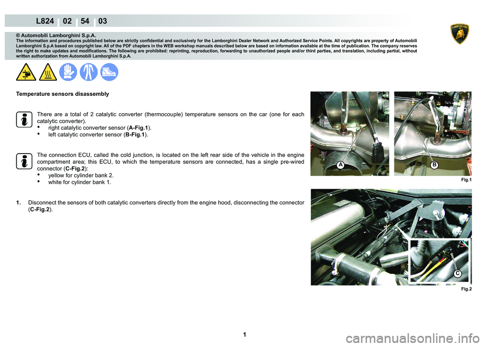 LAMBORGHINI MURCIÉLAGO 2009  Service Repair Manual  1 
L824    02    54    03
Fig.1 Fig.2
AB
C
® Automobili Lamborghini S.p.A.
�7�K�H��L�Q�I�R�U�P�D�W�L�R�Q��D�Q�G��S�U�R�F�H�G�X�U�H�V��S�X�E�O�L�V�K�H�G��E�H�O�R�Z��D�U�H��V�W�U�L�F�W�O�\��F�