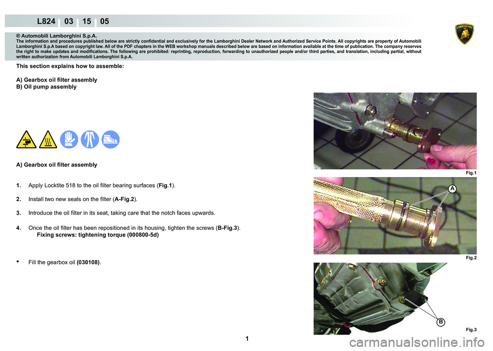 LAMBORGHINI MURCIÉLAGO 2009  Service Repair Manual  1 
L824    03 15    05
Fig.3
B
Fig.2
Fig.1
A
® Automobili Lamborghini S.p.A.
�7�K�H��L�Q�I�R�U�P�D�W�L�R�Q��D�Q�G��S�U�R�F�H�G�X�U�H�V��S�X�E�O�L�V�K�H�G��E�H�O�R�Z��D�U�H��V�W�U�L�F�W�O�\��