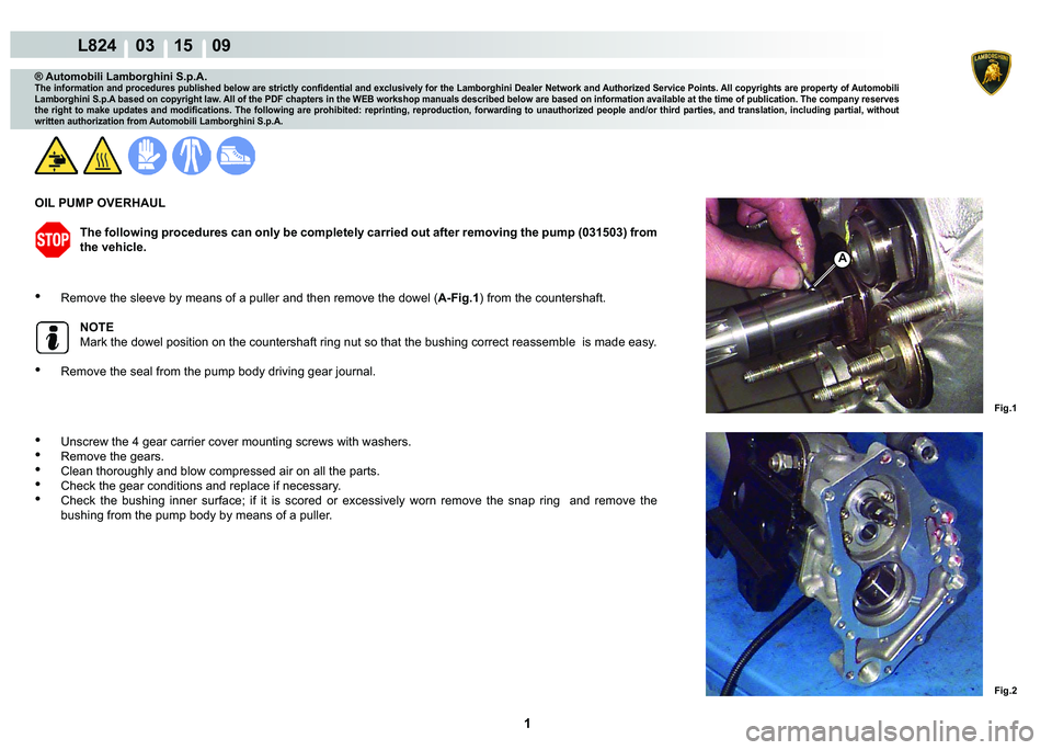 LAMBORGHINI MURCIÉLAGO 2009  Service Repair Manual  1 
L824    03 15    09
A
Fig.1 Fig.2
® Automobili Lamborghini S.p.A.�7�K�H��L�Q�I�R�U�P�D�W�L�R�Q��D�Q�G��S�U�R�F�H�G�X�U�H�V��S�X�E�O�L�V�K�H�G��E�H�O�R�Z��D�U�H��V�W�U�L�F�W�O�\��F�R�Q�¿�