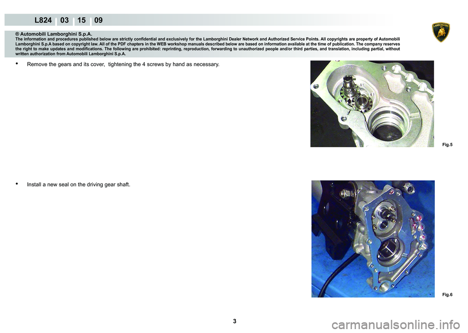 LAMBORGHINI MURCIÉLAGO 2009  Service Repair Manual 3
L824    03 15    09
Fig.5 Fig.6
® Automobili Lamborghini S.p.A.�7�K�H��L�Q�I�R�U�P�D�W�L�R�Q��D�Q�G��S�U�R�F�H�G�X�U�H�V��S�X�E�O�L�V�K�H�G��E�H�O�R�Z��D�U�H��V�W�U�L�F�W�O�\��F�R�Q�¿�G�H�