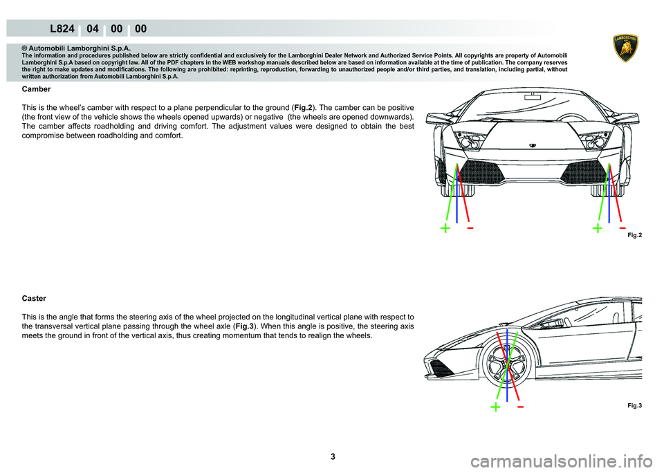LAMBORGHINI MURCIÉLAGO 2009  Service Repair Manual  3 
L824    04    00    00
Fig.2
Fig.3
® Automobili Lamborghini S.p.A.�7�K�H��L�Q�I�R�U�P�D�W�L�R�Q��D�Q�G��S�U�R�F�H�G�X�U�H�V��S�X�E�O�L�V�K�H�G��E�H�O�R�Z��D�U�H��V�W�U�L�F�W�O�\��F�R�Q�¿