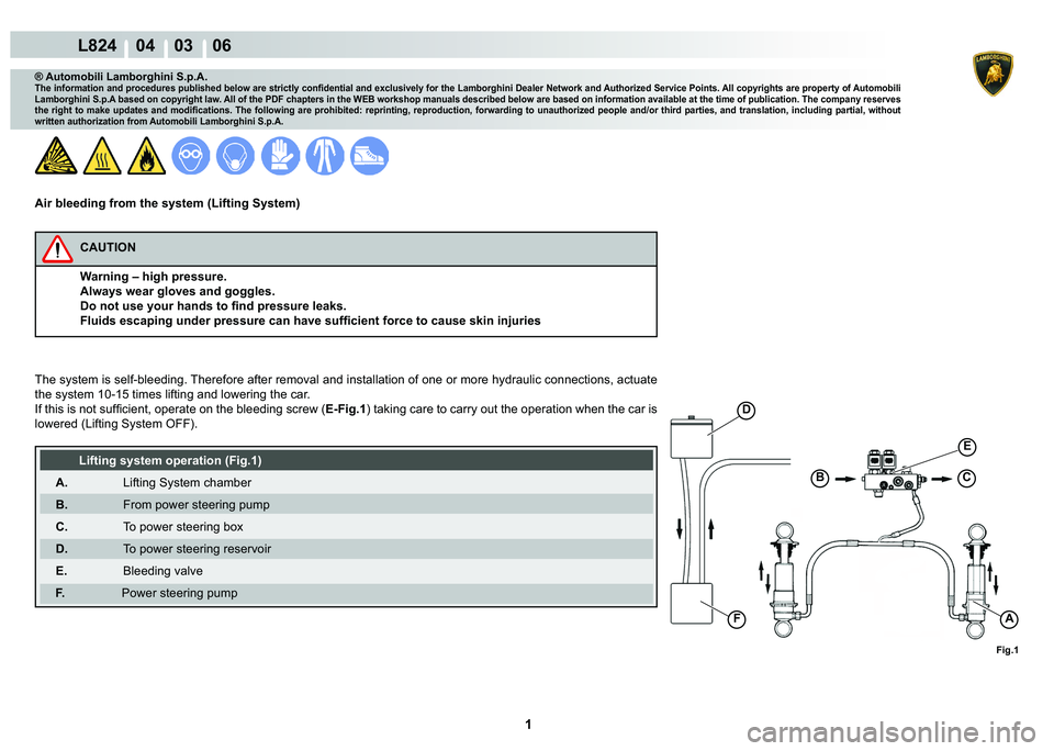 LAMBORGHINI MURCIÉLAGO 2009  Service Repair Manual  1 
L824    04    03    06
Fig.1
BC
D
E
AF
® Automobili Lamborghini S.p.A.�7�K�H��L�Q�I�R�U�P�D�W�L�R�Q��D�Q�G��S�U�R�F�H�G�X�U�H�V��S�X�E�O�L�V�K�H�G��E�H�O�R�Z��D�U�H��V�W�U�L�F�W�O�\��F�R�