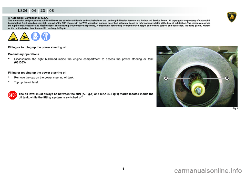 LAMBORGHINI MURCIÉLAGO 2009  Service Repair Manual  1 
L824    04    23    08
Fig.1
BA
® Automobili Lamborghini S.p.A.�7�K�H��L�Q�I�R�U�P�D�W�L�R�Q��D�Q�G��S�U�R�F�H�G�X�U�H�V��S�X�E�O�L�V�K�H�G��E�H�O�R�Z��D�U�H��V�W�U�L�F�W�O�\��F�R�Q�¿�G�