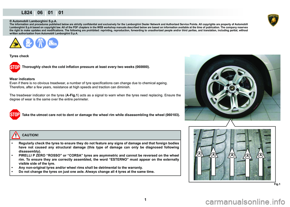 LAMBORGHINI MURCIÉLAGO 2009  Service Repair Manual  1 
L824    06    01    01
Fig.1
AAAAA
® Automobili Lamborghini S.p.A.
�7�K�H��L�Q�I�R�U�P�D�W�L�R�Q��D�Q�G��S�U�R�F�H�G�X�U�H�V��S�X�E�O�L�V�K�H�G��E�H�O�R�Z��D�U�H��V�W�U�L�F�W�O�\��F�R�Q�