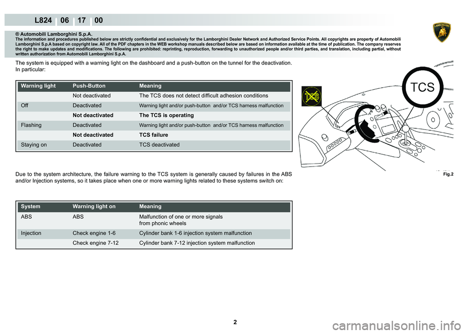 LAMBORGHINI MURCIÉLAGO 2009  Service Repair Manual 2
L824    06 17    00
Fig.2
® Automobili Lamborghini S.p.A.�7�K�H��L�Q�I�R�U�P�D�W�L�R�Q��D�Q�G��S�U�R�F�H�G�X�U�H�V��S�X�E�O�L�V�K�H�G��E�H�O�R�Z��D�U�H��V�W�U�L�F�W�O�\��F�R�Q�¿�G�H�Q�W�L�