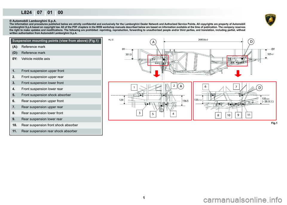 LAMBORGHINI MURCIÉLAGO 2009  Service Repair Manual  1 
L824    07    01    00
Fig.1
® Automobili Lamborghini S.p.A.�7�K�H��L�Q�I�R�U�P�D�W�L�R�Q��D�Q�G��S�U�R�F�H�G�X�U�H�V��S�X�E�O�L�V�K�H�G��E�H�O�R�Z��D�U�H��V�W�U�L�F�W�O�\��F�R�Q�¿�G�H�Q
