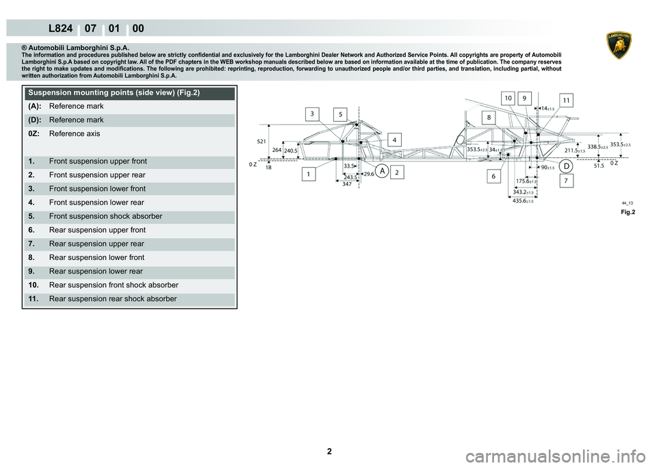LAMBORGHINI MURCIÉLAGO 2009  Service Repair Manual 2
L824    07    01    00
Fig.2
® Automobili Lamborghini S.p.A.�7�K�H��L�Q�I�R�U�P�D�W�L�R�Q��D�Q�G��S�U�R�F�H�G�X�U�H�V��S�X�E�O�L�V�K�H�G��E�H�O�R�Z��D�U�H��V�W�U�L�F�W�O�\��F�R�Q�¿�G�H�Q�W