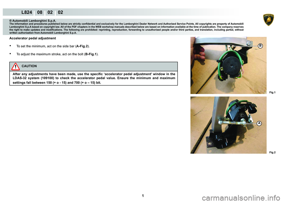 LAMBORGHINI MURCIÉLAGO 2009  Service Repair Manual  1 
L824    08    02    02
Fig.1 Fig.2
A
B
® Automobili Lamborghini S.p.A.
�7�K�H��L�Q�I�R�U�P�D�W�L�R�Q��D�Q�G��S�U�R�F�H�G�X�U�H�V��S�X�E�O�L�V�K�H�G��E�H�O�R�Z��D�U�H��V�W�U�L�F�W�O�\��F�R