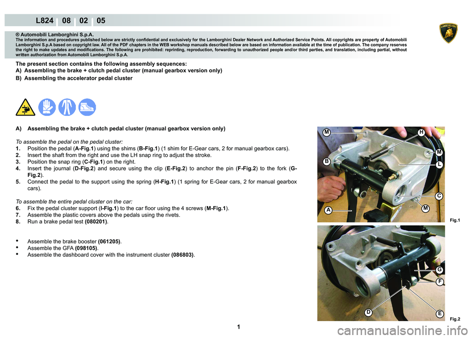 LAMBORGHINI MURCIÉLAGO 2009  Service Repair Manual  1 
L824    08    02    05
Fig.1 Fig.2
A
C
B
G
F
DE
M
M
H
M
L
® Automobili Lamborghini S.p.A.
�7�K�H��L�Q�I�R�U�P�D�W�L�R�Q��D�Q�G��S�U�R�F�H�G�X�U�H�V��S�X�E�O�L�V�K�H�G��E�H�O�R�Z��D�U�H��V�