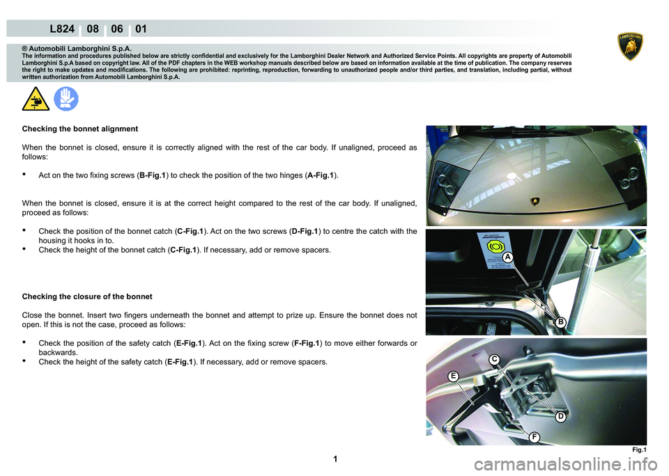 LAMBORGHINI MURCIÉLAGO 2009  Service Repair Manual  1 
L824    08    06    01
Fig.1
E
C
F
D
A
B
® Automobili Lamborghini S.p.A.�7�K�H��L�Q�I�R�U�P�D�W�L�R�Q��D�Q�G��S�U�R�F�H�G�X�U�H�V��S�X�E�O�L�V�K�H�G��E�H�O�R�Z��D�U�H��V�W�U�L�F�W�O�\��F�