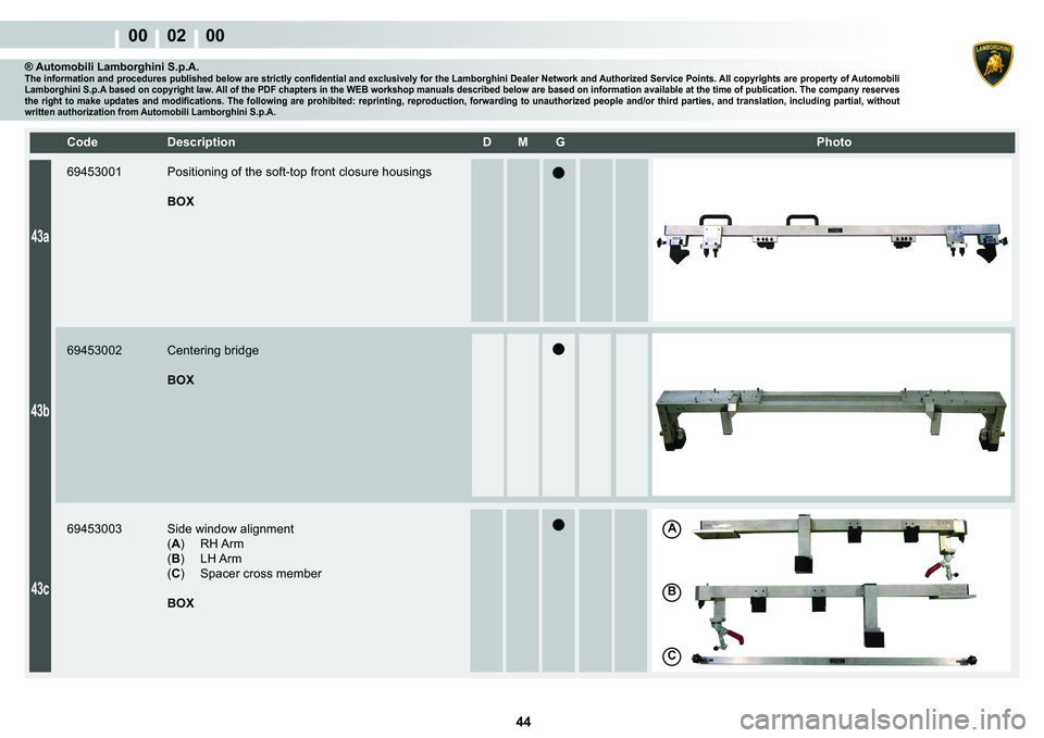 LAMBORGHINI MURCIÉLAGO 2009  Service Manual Online  44 
00    02    00
A
�%
�&
43a
43b
43c
�&�R�G�H� ��H�V�F�U�L�S�W�L�R�Q� �� �0� �*� � � �3�K�R�W�R
® Automobili Lamborghini S.p.A.�7�K�H��L�Q�I�R�U�P�D�W�L�R�Q��D�Q�G��S�U�R�F�H�G�X�U�H�V