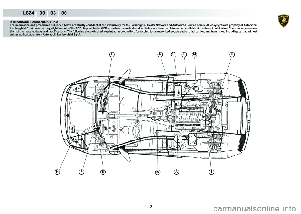 LAMBORGHINI MURCIÉLAGO 2009  Service Owners Manual 3
L824    00    03    00
CMG�(L
AI�%��)H
�1
® Automobili Lamborghini S.p.A.
�7�K�H��L�Q�I�R�U�P�D�W�L�R�Q��D�Q�G��S�U�R�F�H�G�X�U�H�V��S�X�E�O�L�V�K�H�G��E�H�O�R�Z��D�U�H��V�W�U�L�F�W�O�\��F