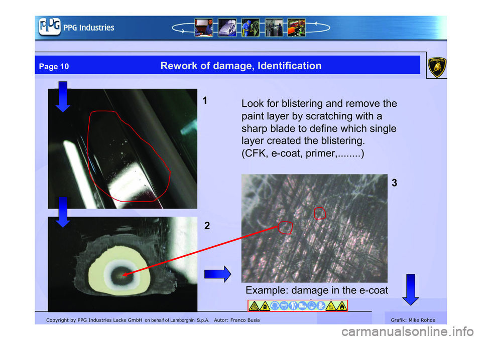 LAMBORGHINI MURCIÉLAGO 2009  Service Repair Manual Copyright by PPG Industries Lacke GmbH Autor: Franco BusiaGrafik: Mike Rohde
Page 10Rework of damage, Identification
Look for blistering and remove the 
paint layer by scratching with a
sharp blade to