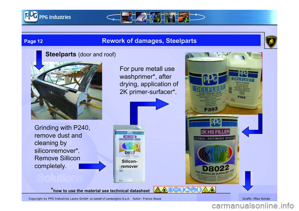 LAMBORGHINI MURCIÉLAGO 2009  Service Repair Manual Copyright by PPG Industries Lacke GmbH Autor: Franco BusiaGrafik: Mike Rohde
Page 12Rework of damages, Steelparts
Steelparts(door and roof)
Grinding with P240, 
remove dust and 
cleaning by 
siliconre