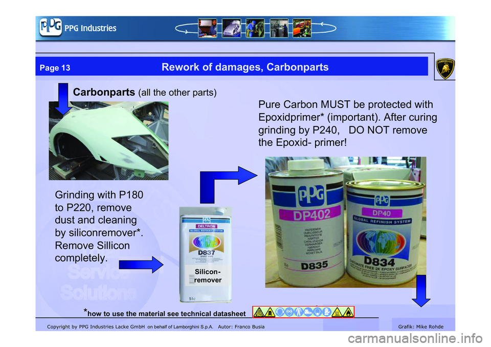 LAMBORGHINI MURCIÉLAGO 2009  Service Repair Manual Copyright by PPG Industries Lacke GmbH Autor: Franco BusiaGrafik: Mike Rohde
Page 13Rework of damages, Carbonparts
Carbonparts(all the other parts)
Grinding with P180 
to P220, remove 
dust and cleani