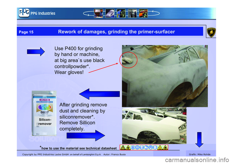 LAMBORGHINI MURCIÉLAGO 2009  Service Repair Manual Copyright by PPG Industries Lacke GmbH Autor: Franco BusiaGrafik: Mike Rohde
Page 15Rework of damages, grinding the primer-surfacer
Use P400 for grinding 
by hand or machine, 
at big area`s use black
