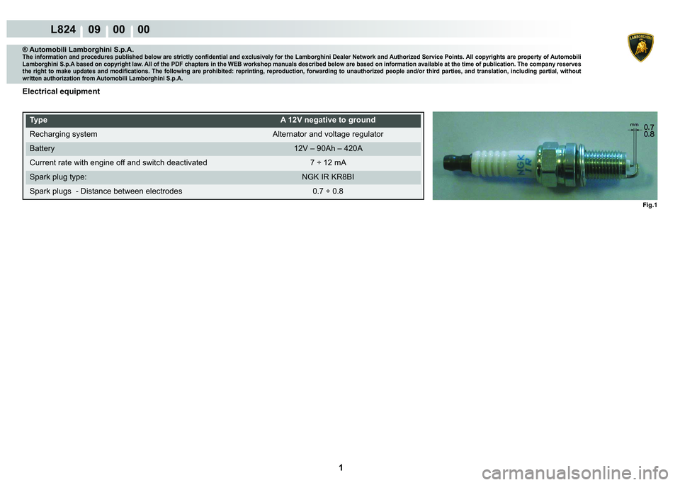 LAMBORGHINI MURCIÉLAGO 2009  Service Repair Manual  1 
L824    09    00    00
Fig.1
® Automobili Lamborghini S.p.A.�7�K�H��L�Q�I�R�U�P�D�W�L�R�Q��D�Q�G��S�U�R�F�H�G�X�U�H�V��S�X�E�O�L�V�K�H�G��E�H�O�R�Z��D�U�H��V�W�U�L�F�W�O�\��F�R�Q�¿�G�H�Q