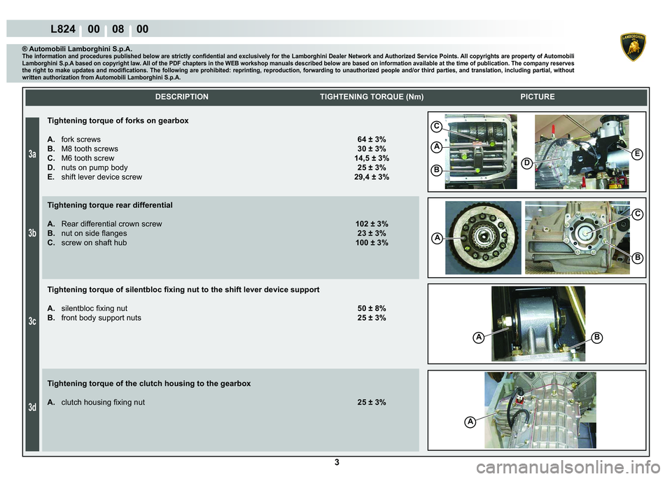 LAMBORGHINI MURCIÉLAGO 2009  Service Owners Manual ���
��D
��E
��F
��G
L824    00    08    00
C
A
BD
E
A
C
B
BA
A
    
DESCRIPTION TIGHTENING TORQUE (Nm) PICTURE
® Automobili Lamborghini S.p.A.�7�K�H��L�Q�I�R�U�P�D�W�L�R�Q��D�Q�G��S�U�R�F�H