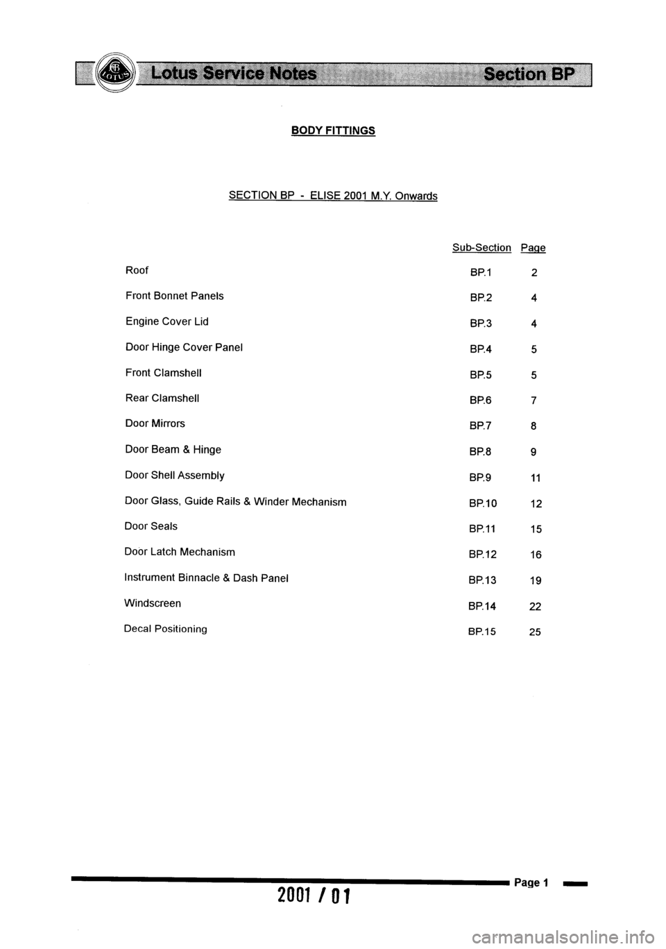 LOTUS ELISE 2001  Service Repair Manual 