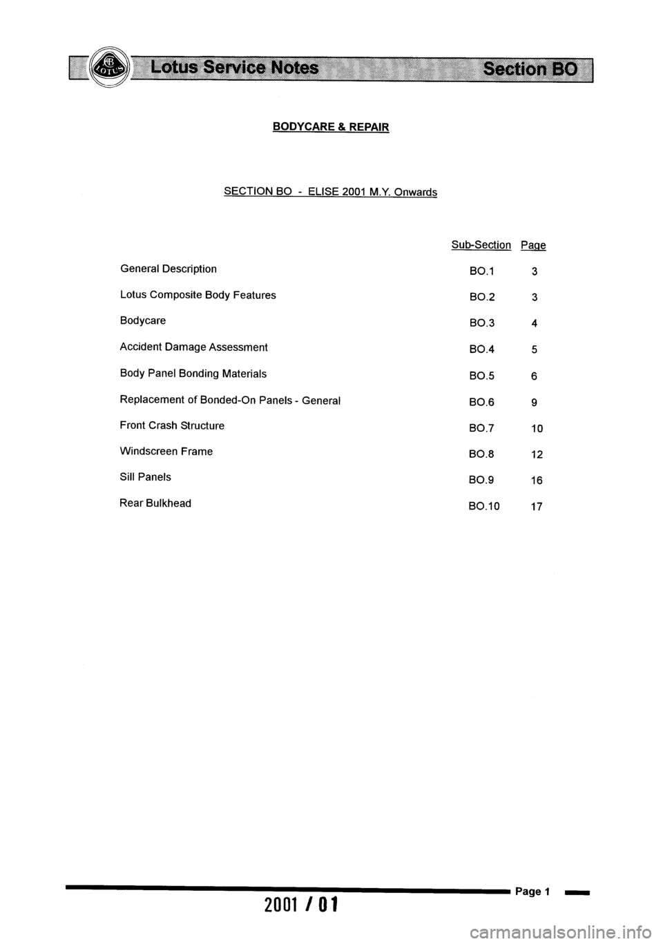 LOTUS ELISE 2001 Service Owners Manual LOTUS ELISE 2001 Service Owners Manual
