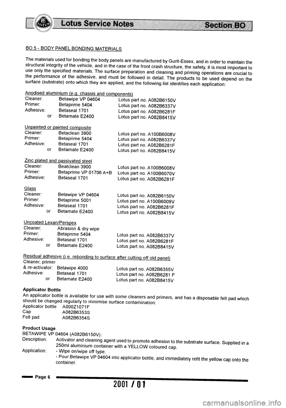 LOTUS ELISE 2001 Service Owners Guide LOTUS ELISE 2001 Service Owners Guide