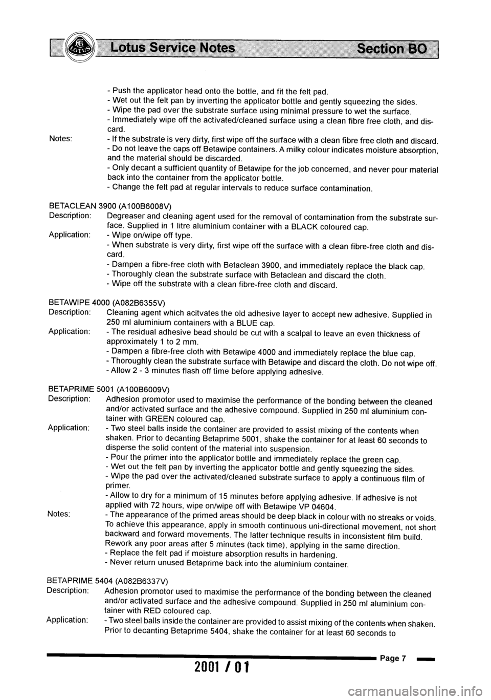 LOTUS ELISE 2001 Service Owners Guide LOTUS ELISE 2001 Service Owners Guide