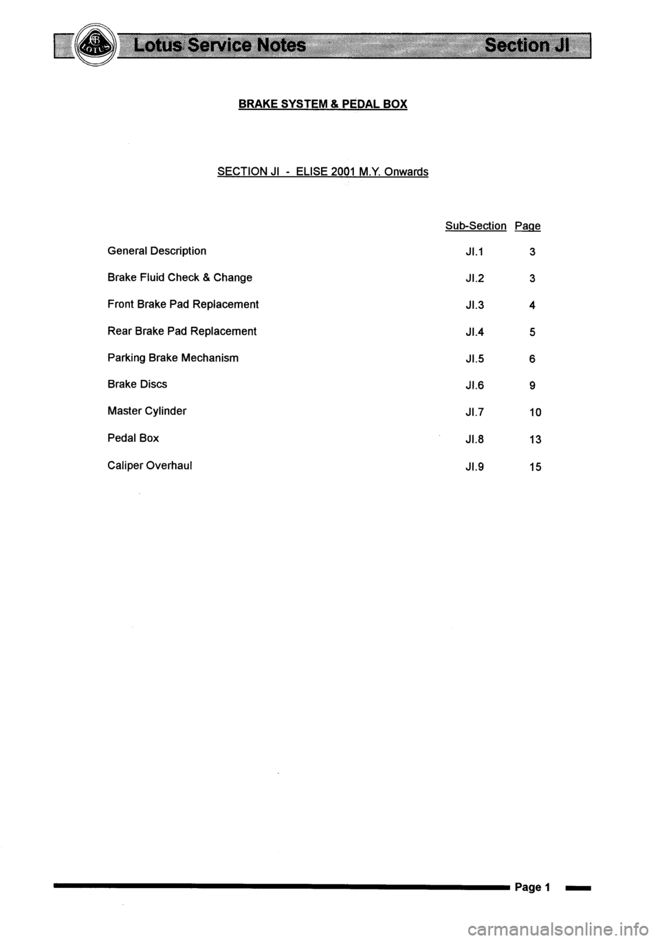 LOTUS ELISE 2001 Service Service Manual LOTUS ELISE 2001 Service Service Manual