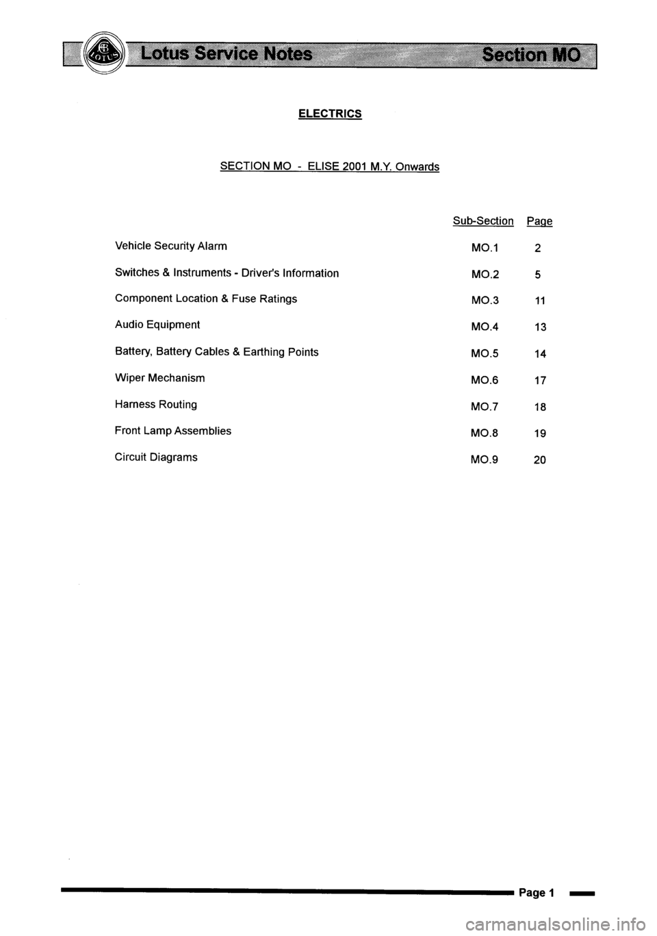 LOTUS ELISE 2001 Service Manual Online LOTUS ELISE 2001 Service Manual Online