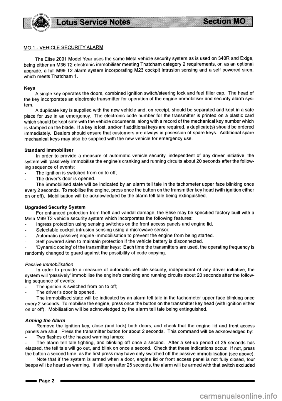 LOTUS ELISE 2001 Service Manual Online LOTUS ELISE 2001 Service Manual Online