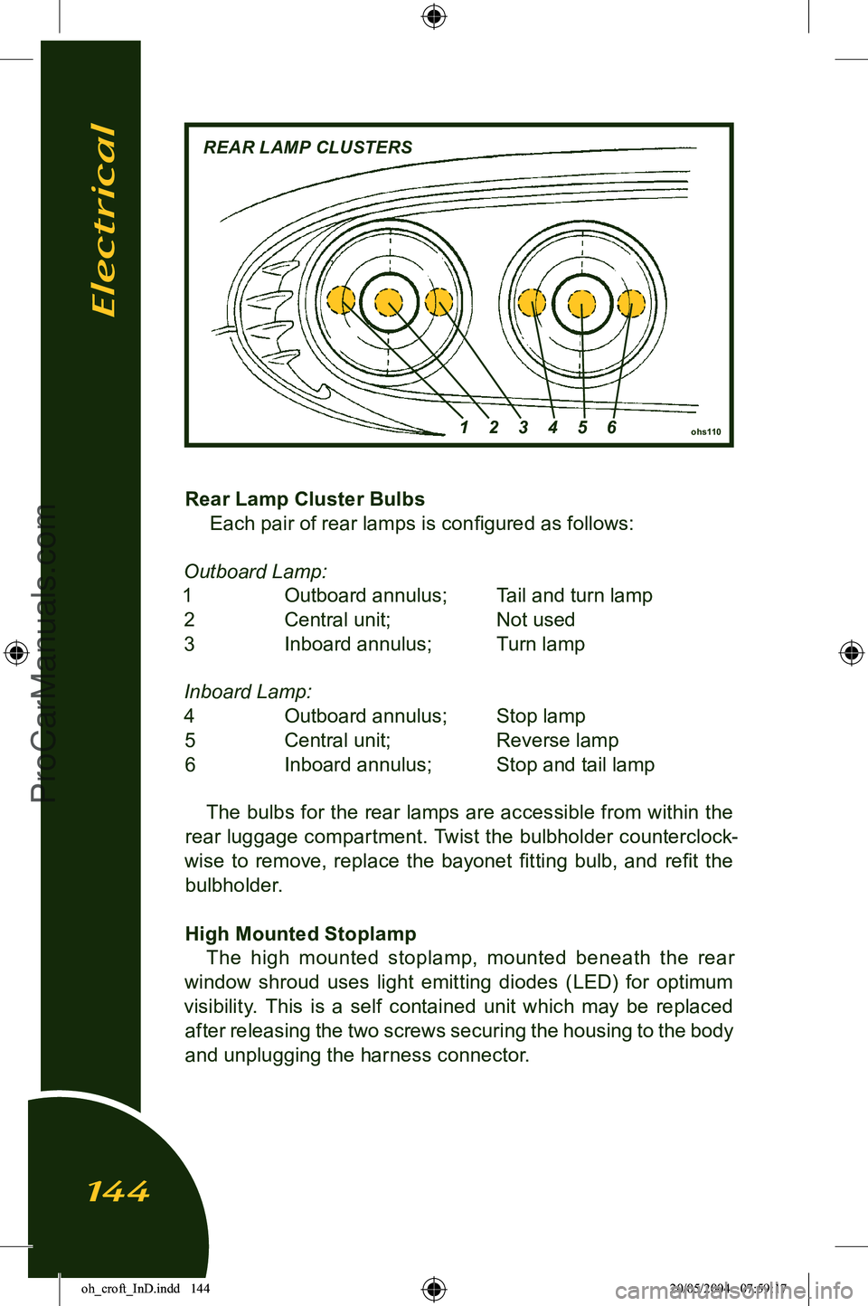 LOTUS ELISE 2005 Service Manual 
Rear Lamp Cluster BulbsEach pair of rear lamps is conﬁgured as follows:
Outboard Lamp:
1  Outboard annulus;  Tail and turn lamp 2  Central unit;  Not used
3  Inboard annulus;  Turn lamp
Inboard Lam