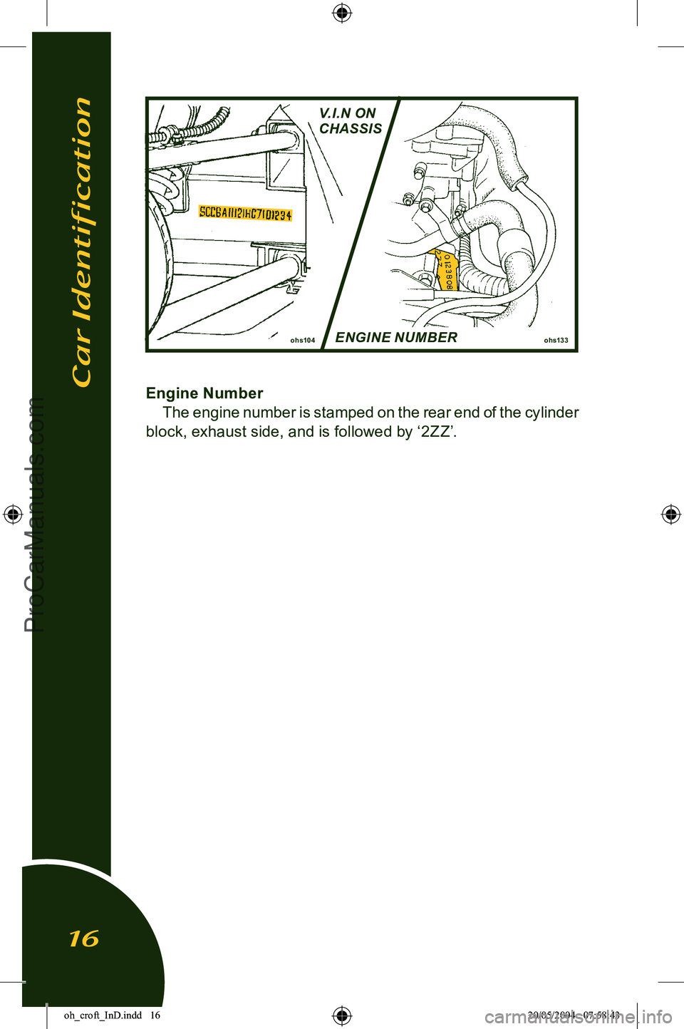 LOTUS ELISE 2005 User Guide 
Engine NumberThe engine number is stamped on the rear end of the cylinder 
block, exhaust side, and is followed by ‘2ZZ’.
ohs133ohs104
Car Identification
16
ENGINE NUMBER
V.I.N ON
CHASSIS

oh_cro