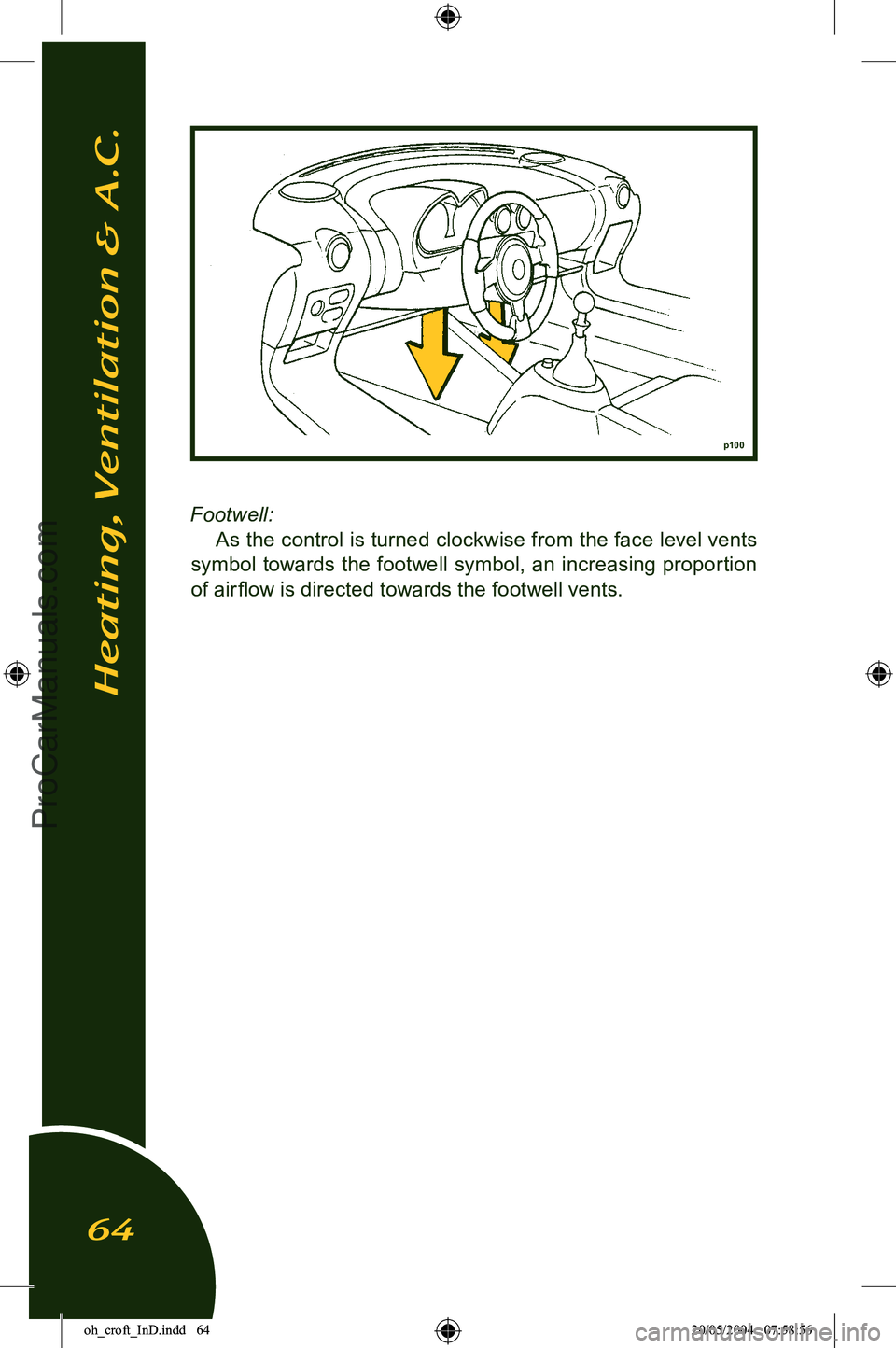LOTUS ELISE 2005 Repair Manual 
Footwell: 
As the control is turned clockwise from the face level vents 
symbol  towards  the  footwell  symbol, an  increasing  proportion 
of air ﬂow is directed towards the footwell vents.
p100
