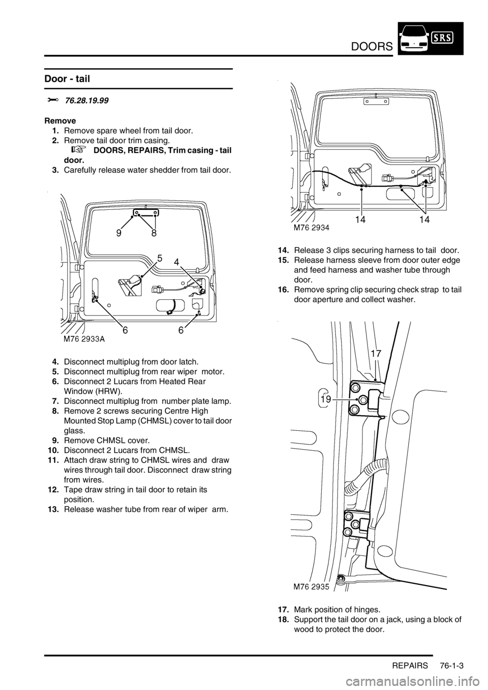 LAND ROVER DISCOVERY 2002 Workshop Manual DOORS
REPAIRS 76-1-3
Door - tail
$% 76.28.19.99
Remove
1.Remove spare wheel from tail door.
2.Remove tail door trim casing.
+ DOORS, REPAIRS, Trim casing - tail
door.
3.Carefully release wate LAND ROVER DISCOVERY 2002 Workshop Manual DOORS
REPAIRS 76-1-3
Door - tail
$% 76.28.19.99
Remove
1.Remove spare wheel from tail door.
2.Remove tail door trim casing.
+ DOORS, REPAIRS, Trim casing - tail
door.
3.Carefully release wate