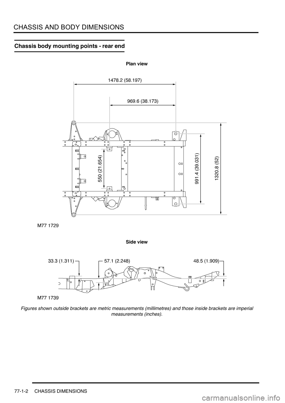 LAND ROVER DISCOVERY 2002  Workshop Manual CHASSIS AND BODY DIMENSIONS
77-1-2 CHASSIS DIMENSIONS
Chassis body mounting points - rear end
Plan view
Side view
Figures shown outside brackets are metric measurements (millimetres) and those inside 