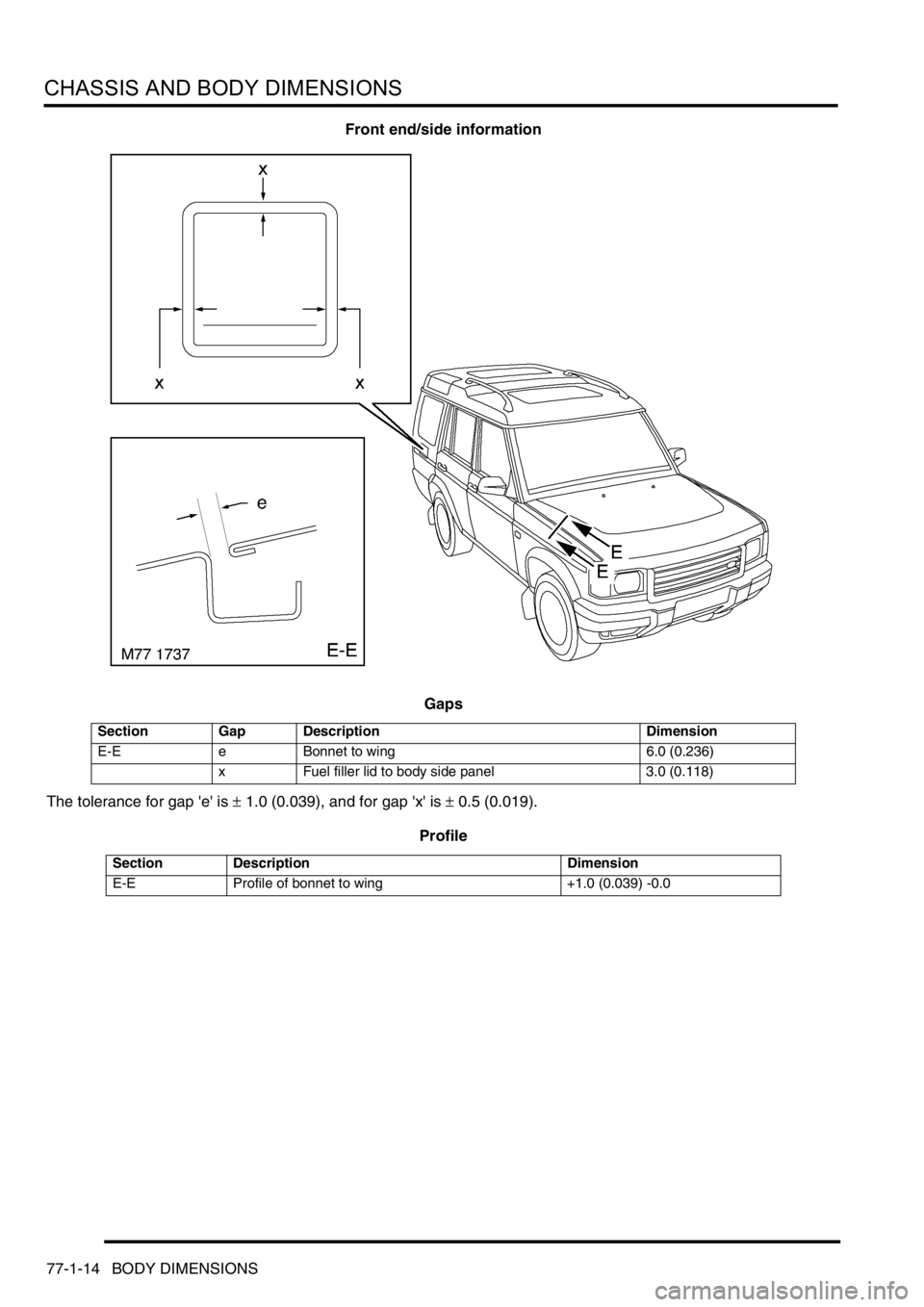 LAND ROVER DISCOVERY 2002 Owners Guide CHASSIS AND BODY DIMENSIONS
77-1-14 BODY DIMENSIONS
Front end/side information
Gaps
The tolerance for gap e is 
± 1.0 (0.039), and for gap x is ± 0.5 (0.019).
Profile
Section Gap Description Dim