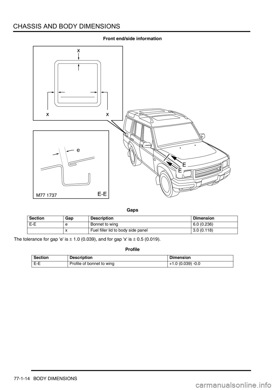 LAND ROVER DISCOVERY 2002  Workshop Manual CHASSIS AND BODY DIMENSIONS
77-1-14 BODY DIMENSIONS
Front end/side information
Gaps
The tolerance for gap e is 
± 1.0 (0.039), and for gap x is ± 0.5 (0.019).
Profile
Section Gap Description Dim