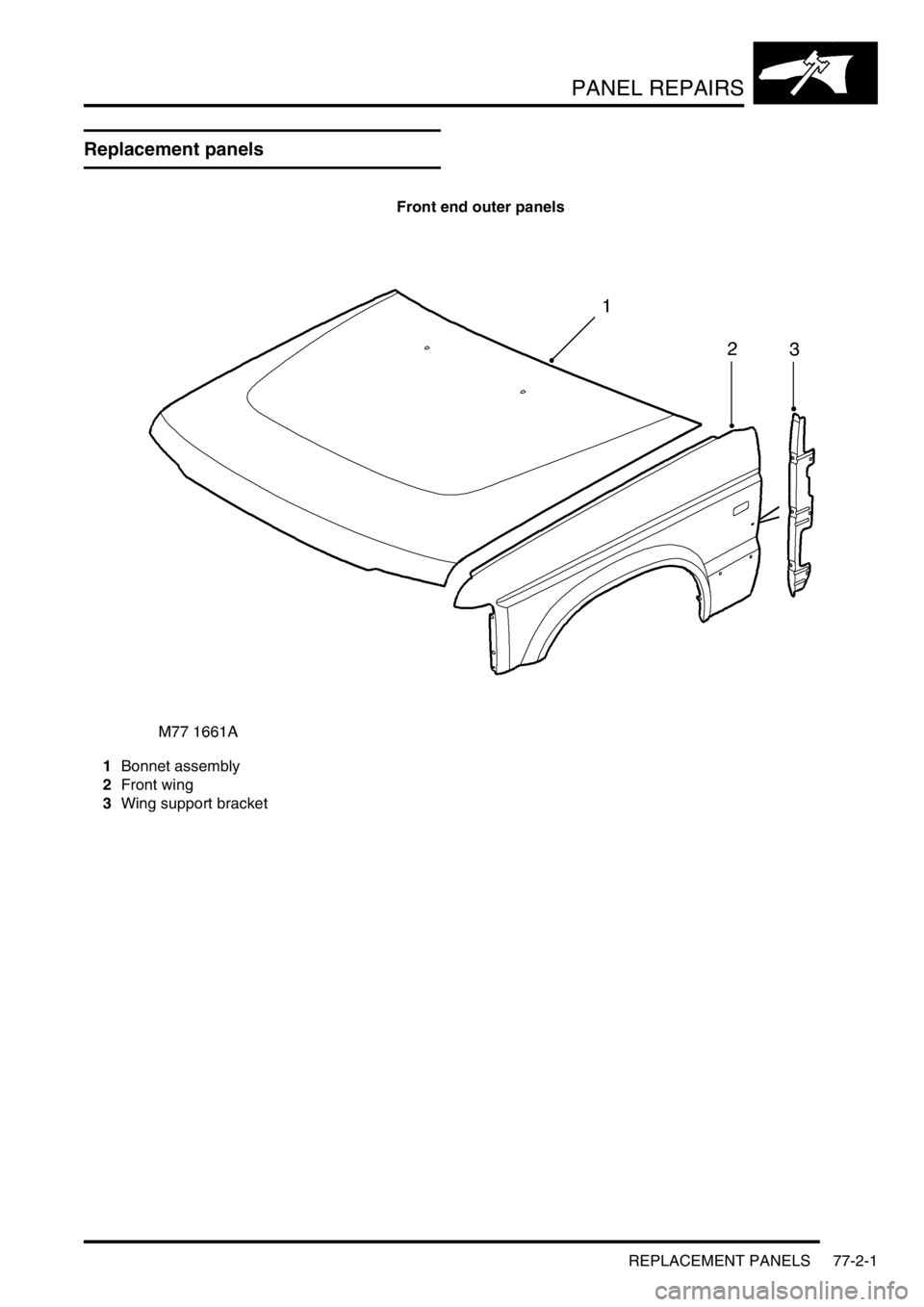 LAND ROVER DISCOVERY 2002  Workshop Manual PANEL REPAIRS
REPLACEMENT PANELS 77-2-1
PANEL REPAIRS REPLACE ME NT PA NELS
Replacement panels
Front end outer panels
1Bonnet assembly
2Front wing
3Wing support bracket 