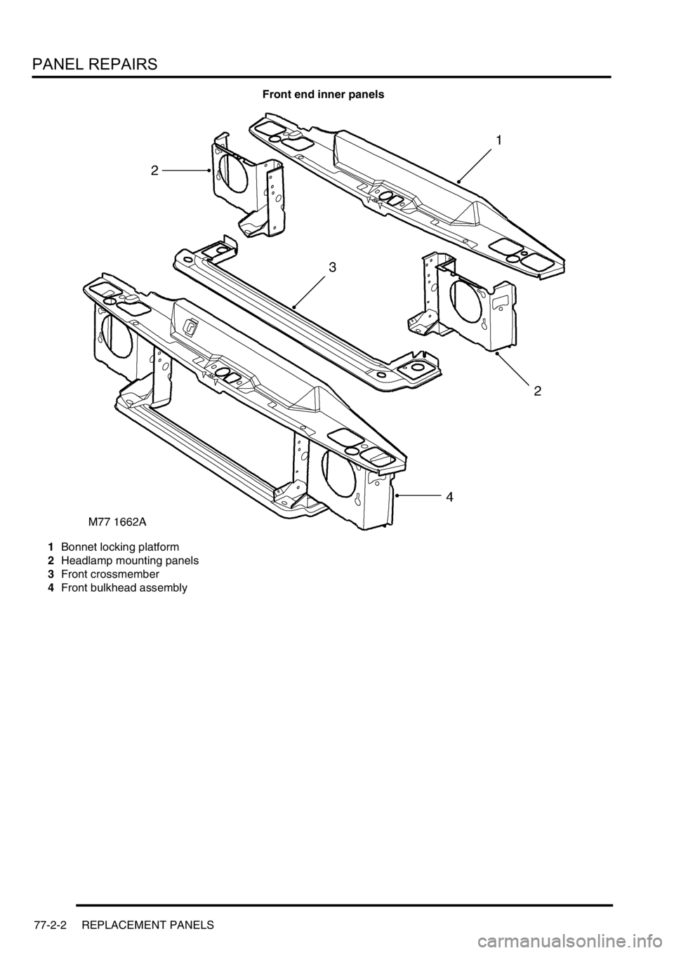 LAND ROVER DISCOVERY 2002 User Guide PANEL REPAIRS
77-2-2 REPLACEMENT PANELS
Front end inner panels
1Bonnet locking platform
2Headlamp mounting panels
3Front crossmember
4Front bulkhead assembly LAND ROVER DISCOVERY 2002 User Guide PANEL REPAIRS
77-2-2 REPLACEMENT PANELS
Front end inner panels
1Bonnet locking platform
2Headlamp mounting panels
3Front crossmember
4Front bulkhead assembly