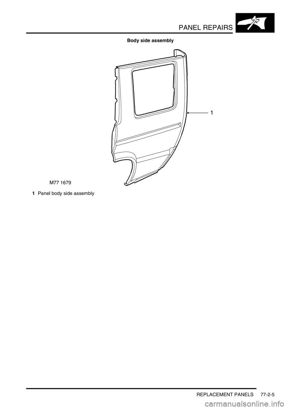 LAND ROVER DISCOVERY 2002 Workshop Manual PANEL REPAIRS
REPLACEMENT PANELS 77-2-5
Body side assembly
1Panel body side assembly LAND ROVER DISCOVERY 2002 Workshop Manual PANEL REPAIRS
REPLACEMENT PANELS 77-2-5
Body side assembly
1Panel body side assembly