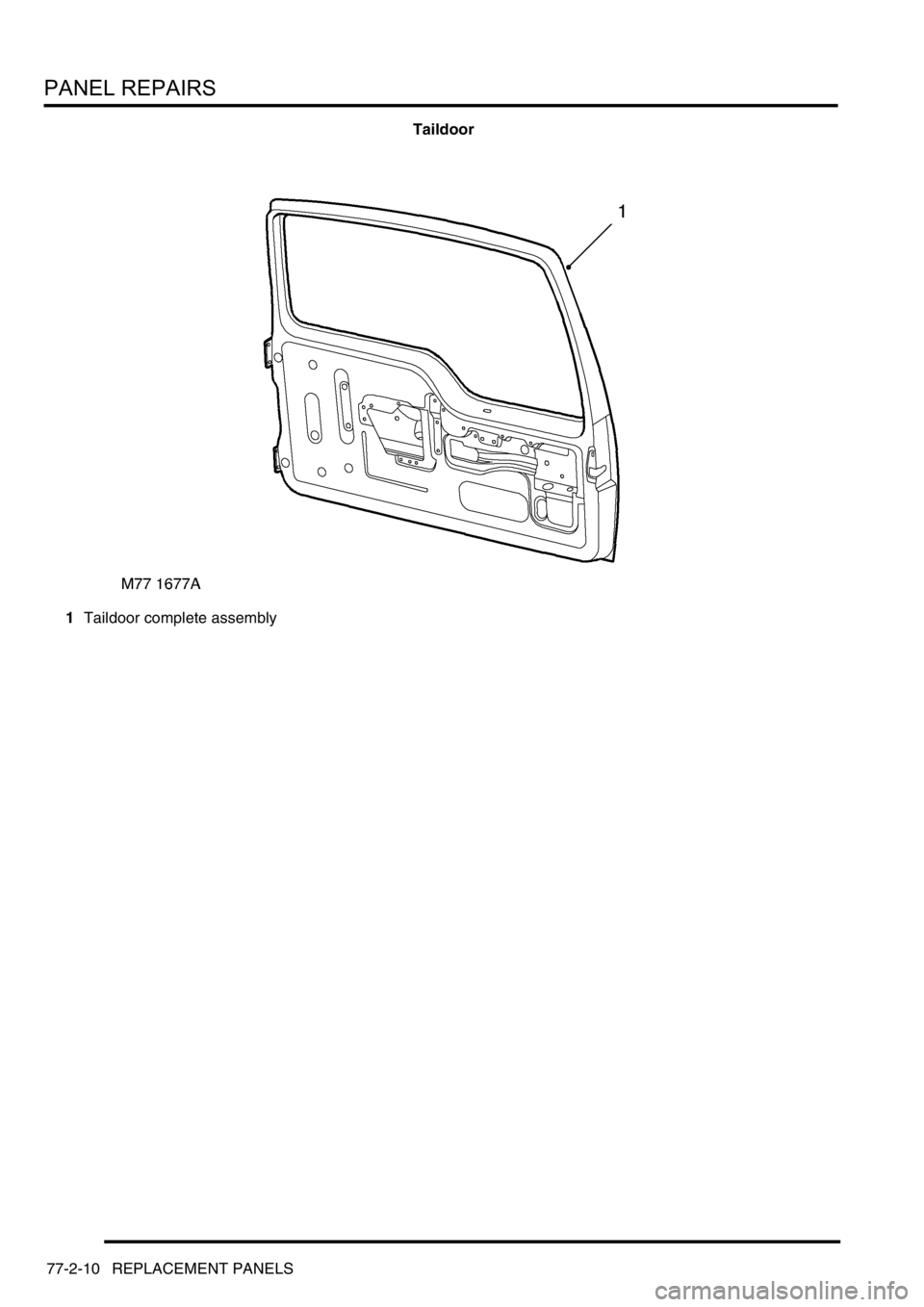 LAND ROVER DISCOVERY 2002 Workshop Manual PANEL REPAIRS
77-2-10 REPLACEMENT PANELS
Taildoor
1Taildoor complete assembly LAND ROVER DISCOVERY 2002 Workshop Manual PANEL REPAIRS
77-2-10 REPLACEMENT PANELS
Taildoor
1Taildoor complete assembly