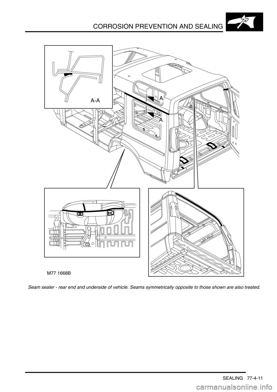 LAND ROVER DISCOVERY 2002 Workshop Manual CORROSION PREVENTION AND SEALING
SEALING 77-4-11
Seam sealer - rear end and underside of vehicle. Seams symmetrically opposite to those shown are also treated.
M77 1668B
A
A
A-A LAND ROVER DISCOVERY 2002 Workshop Manual CORROSION PREVENTION AND SEALING
SEALING 77-4-11
Seam sealer - rear end and underside of vehicle. Seams symmetrically opposite to those shown are also treated.
M77 1668B
A
A
A-A