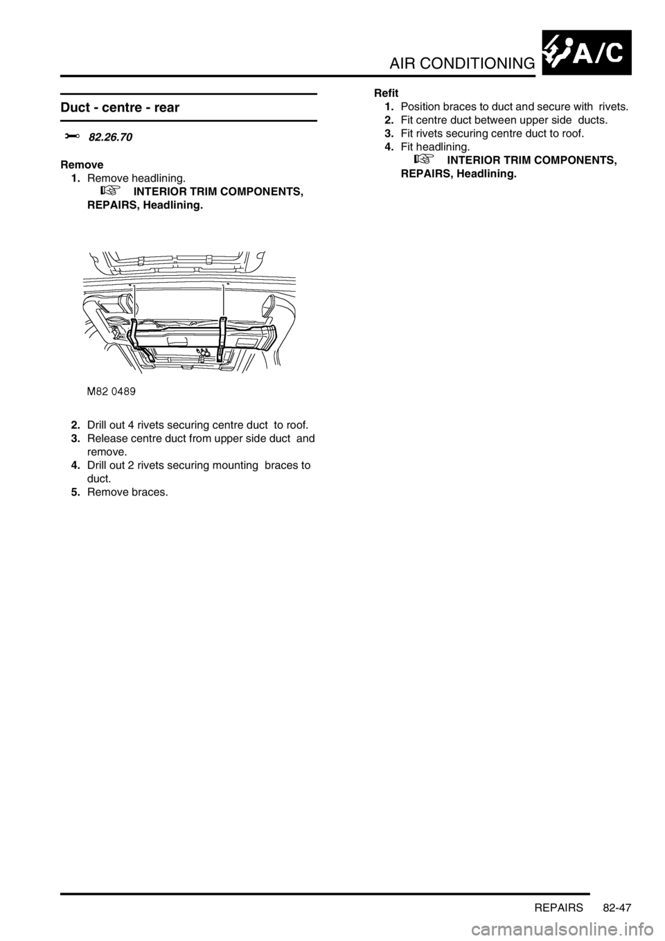 LAND ROVER DISCOVERY 2002  Workshop Manual AIR CONDITIONING
REPAIRS 82-47
Duct - centre - rear
$% 82.26.70 
Remove
1.Remove headlining. 
 
 +  INTERIOR TRIM COMPONENTS, 
REPAIRS, Headlining.
2.Drill out 4 rivets securing centre duct  to roof. 