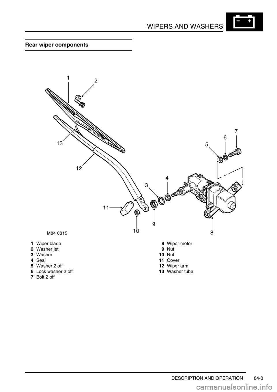 LAND ROVER DISCOVERY 2002  Workshop Manual WIPERS AND WASHERS
DESCRIPTION AND OPERATION 84-3
Rear wiper components
1Wiper blade
2Washer jet
3Washer
4Seal
5Washer 2 off
6Lock washer 2 off
7Bolt 2 off8Wiper motor
9Nut
10Nut
11Cover
12Wiper arm
1