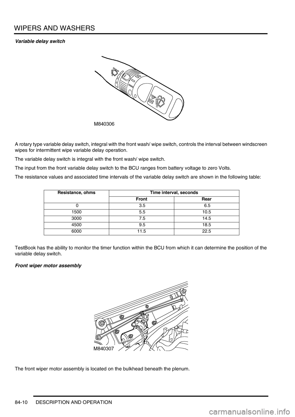 LAND ROVER DISCOVERY 2002 Workshop Manual WIPERS AND WASHERS
84-10 DESCRIPTION AND OPERATION
Variable delay switch
A rotary type variable delay switch, integral with the front wash/ wipe switch, controls the interval between windscreen
wipes LAND ROVER DISCOVERY 2002 Workshop Manual WIPERS AND WASHERS
84-10 DESCRIPTION AND OPERATION
Variable delay switch
A rotary type variable delay switch, integral with the front wash/ wipe switch, controls the interval between windscreen
wipes