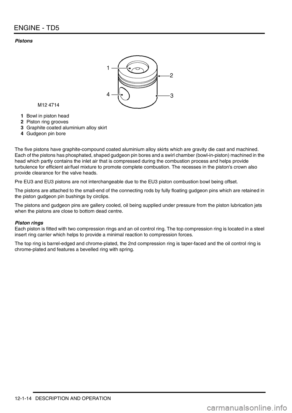 LAND ROVER DISCOVERY 2002  Workshop Manual ENGINE - TD5
12-1-14 DESCRIPTION AND OPERATION
Pistons
1Bowl in piston head
2Piston ring grooves
3Graphite coated aluminium alloy skirt
4Gudgeon pin bore
The five pistons have graphite-compound coated