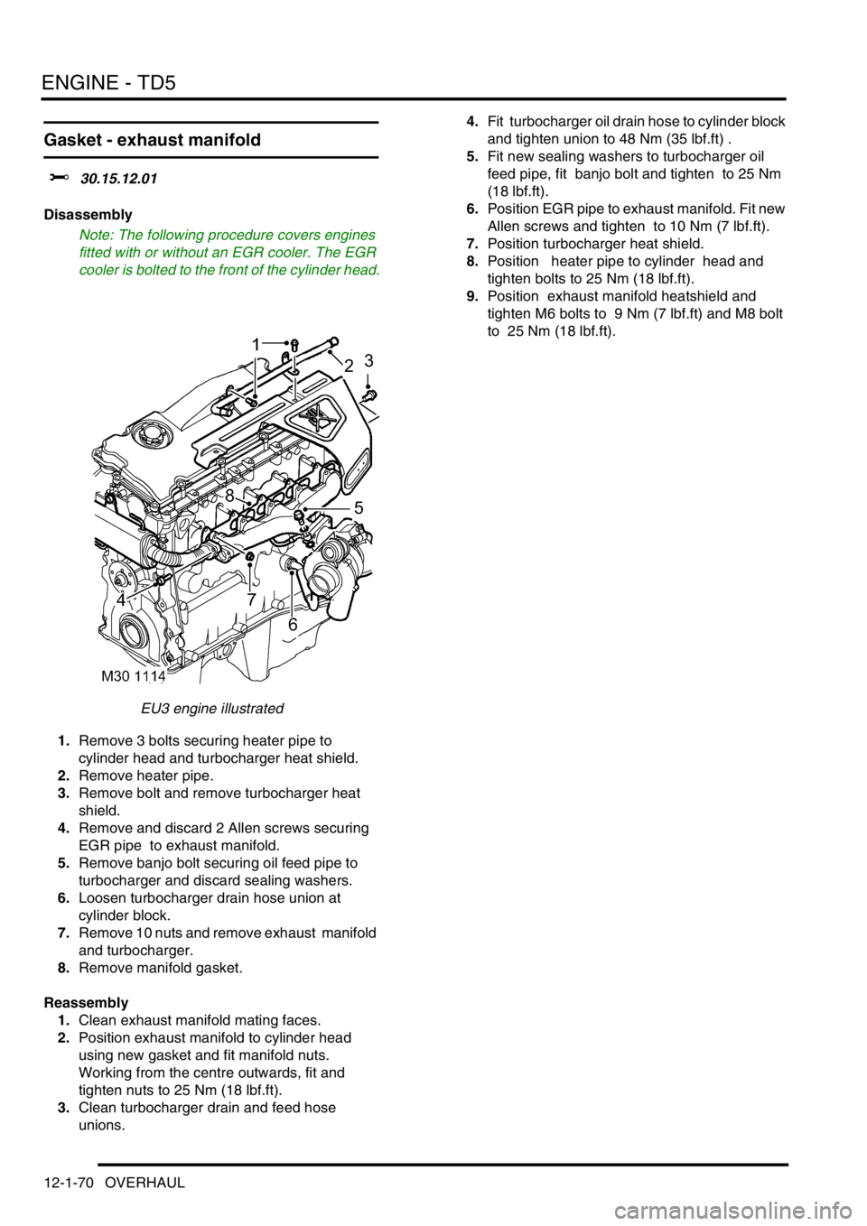 LAND ROVER DISCOVERY 2002 Workshop Manual ENGINE - TD5
12-1-70 OVERHAUL
Gasket - exhaust manifold
$% 30.15.12.01
Disassembly
Note: The following procedure covers engines
fitted with or without an EGR cooler. The EGR
cooler is bolted to th LAND ROVER DISCOVERY 2002 Workshop Manual ENGINE - TD5
12-1-70 OVERHAUL
Gasket - exhaust manifold
$% 30.15.12.01
Disassembly
Note: The following procedure covers engines
fitted with or without an EGR cooler. The EGR
cooler is bolted to th