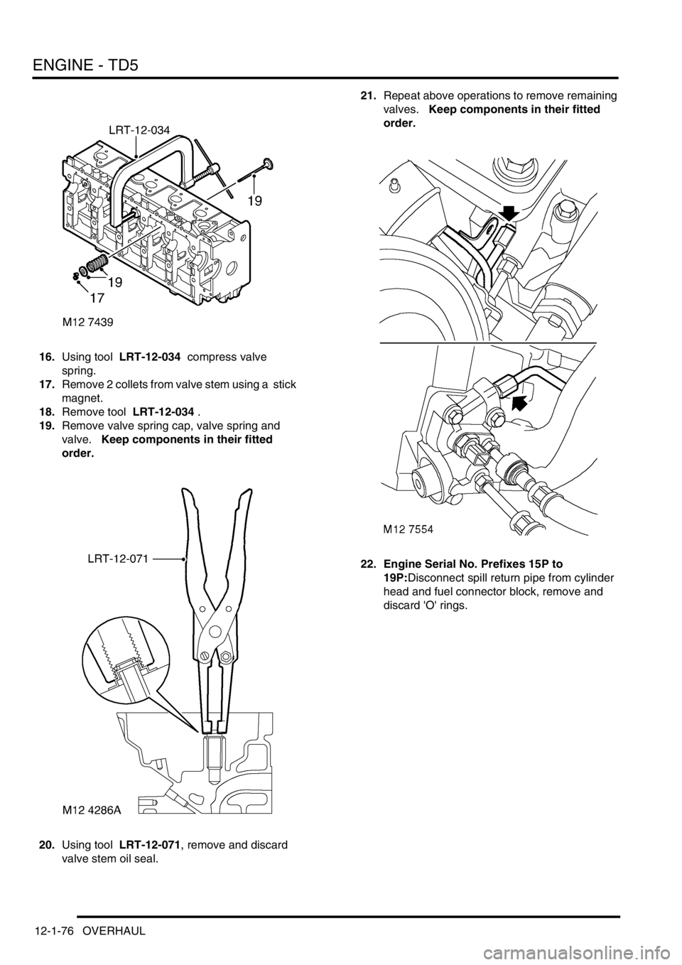 LAND ROVER DISCOVERY 2002 Workshop Manual ENGINE - TD5
12-1-76 OVERHAUL
16.Using tool LRT-12-034 compress valve
spring.
17.Remove 2 collets from valve stem using a stick
magnet.
18.Remove tool LRT-12-034 .
19.Remove valve spring cap, v LAND ROVER DISCOVERY 2002 Workshop Manual ENGINE - TD5
12-1-76 OVERHAUL
16.Using tool LRT-12-034 compress valve
spring.
17.Remove 2 collets from valve stem using a stick
magnet.
18.Remove tool LRT-12-034 .
19.Remove valve spring cap, v